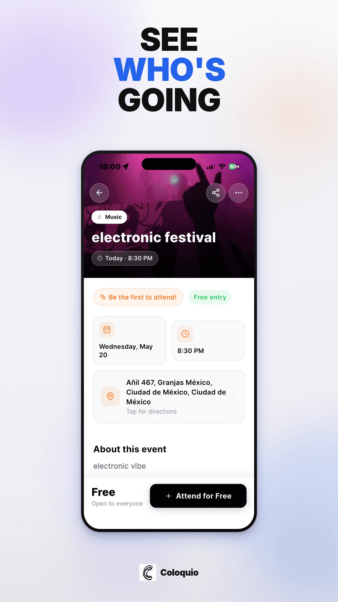 Event detail screen with attend button